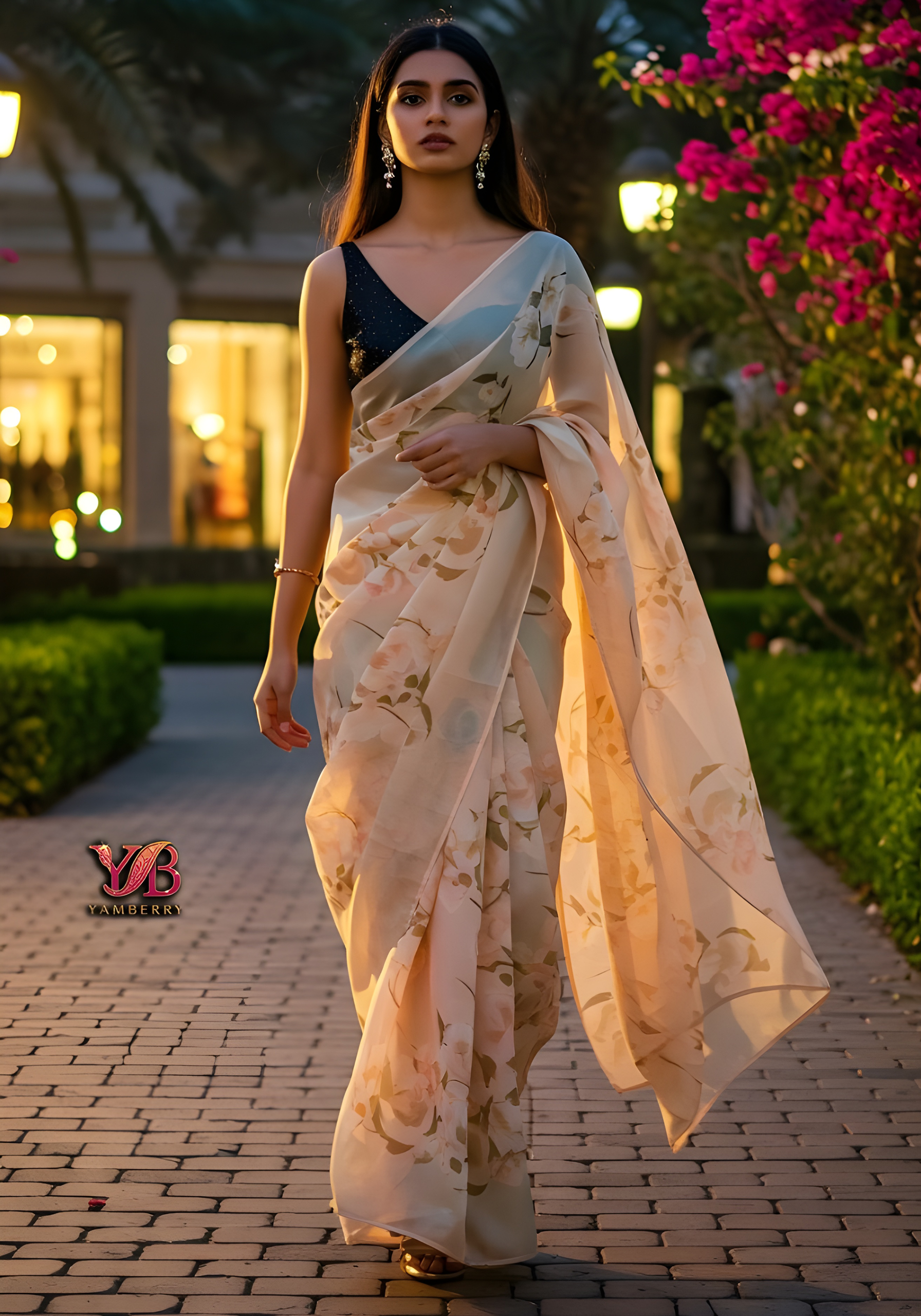 🌸 Blush Bloom – Soft Beige Floral Organza