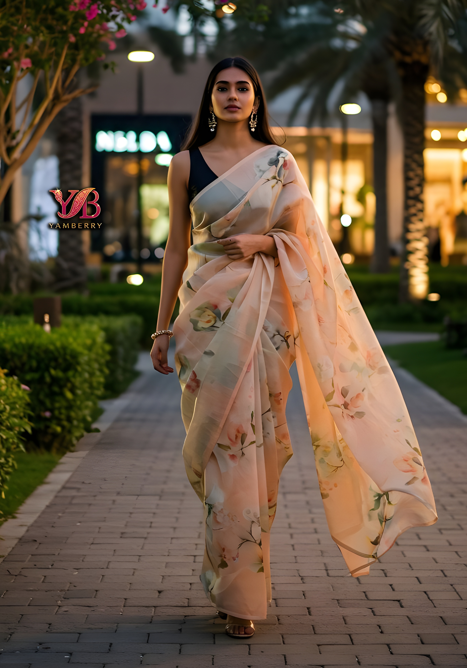 🌸 Blush Bloom – Soft Beige Floral Organza
