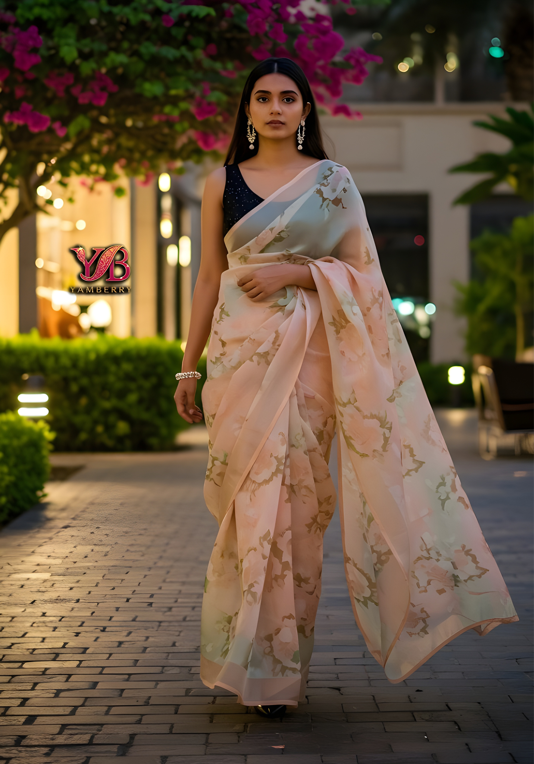 🌸 Blush Bloom – Soft Beige Floral Organza